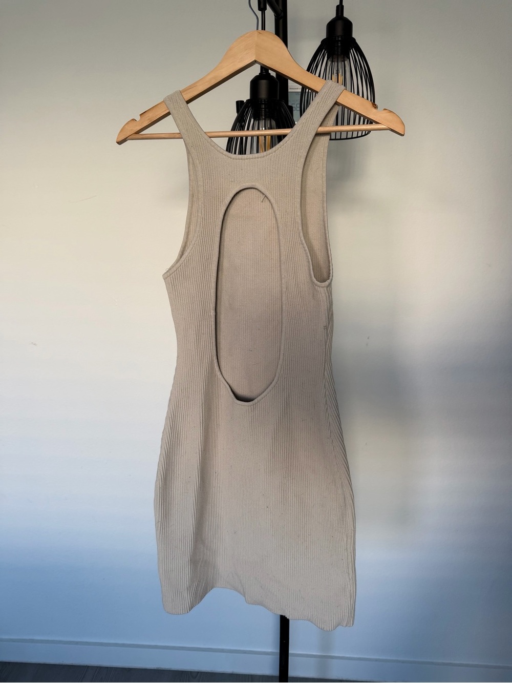 Aritzia Taupe Ribbed Mini Dress with Open Back Cutout